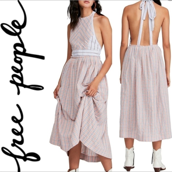 Free People Color Theory Halter Backless Plaid Boho Midi Dress NWT Size XS - Picture 5 of 11